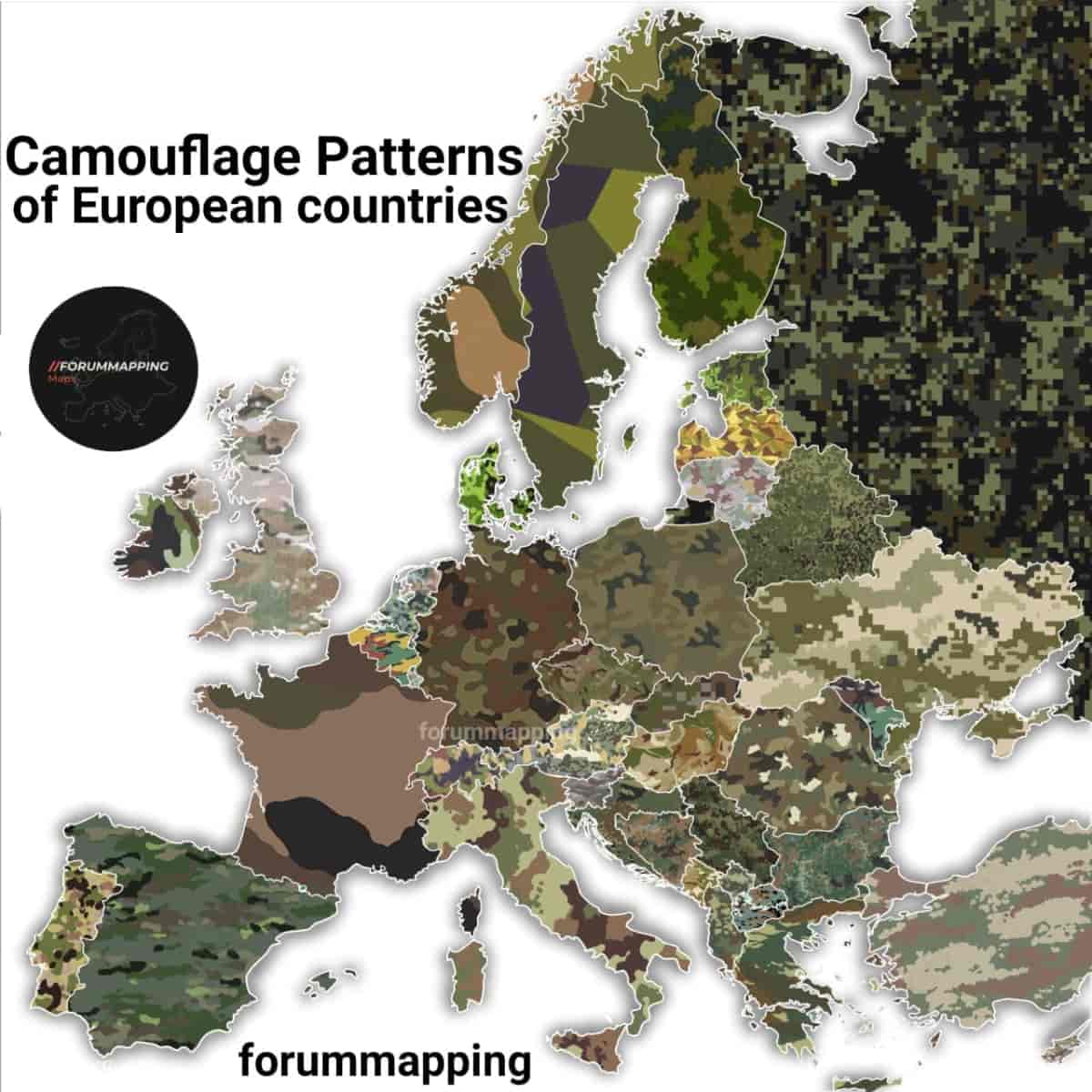 Carte des différents motifs de camouflage en Europe