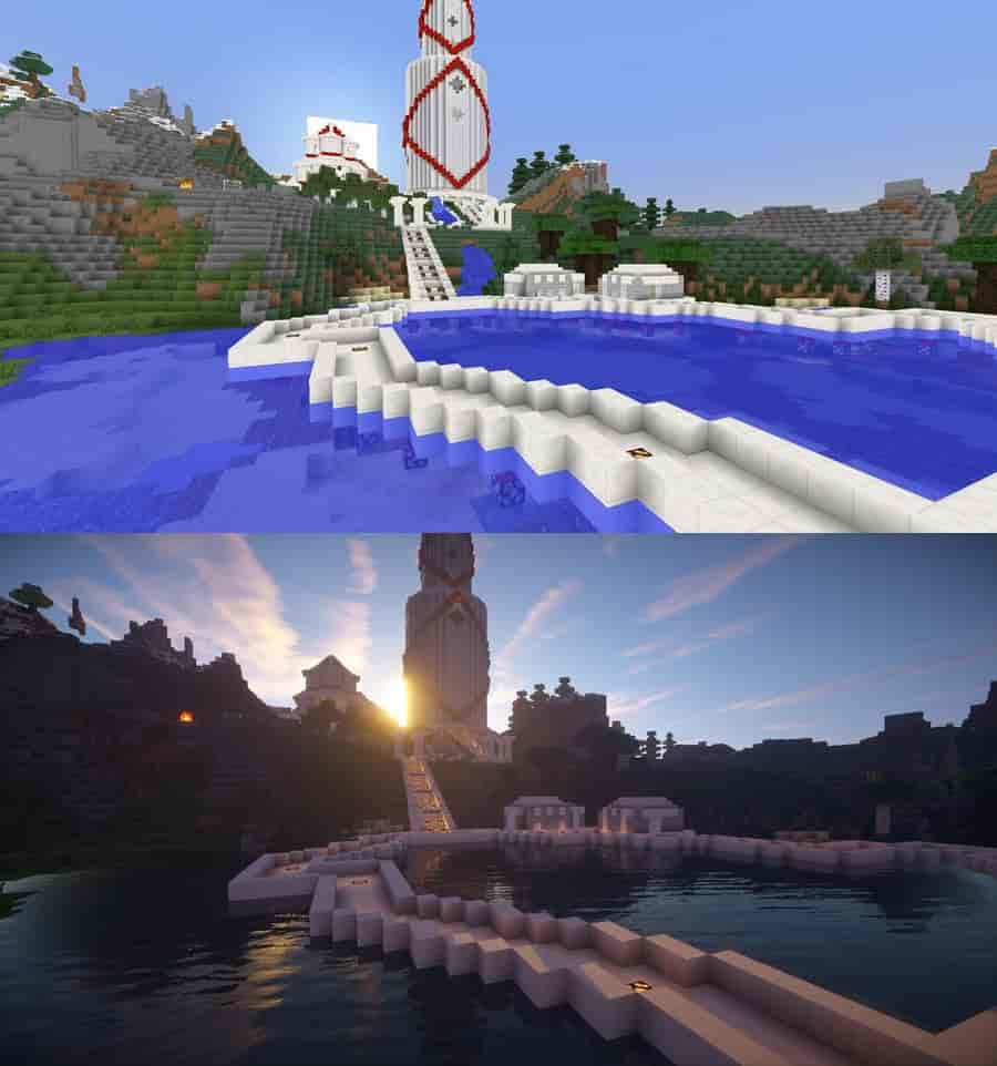 Minecraft before and after shaders