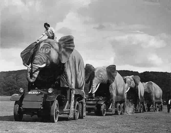 Équipement militaire britannique déguisé en éléphants, Inde pendant la Seconde Guerre mondiale.
