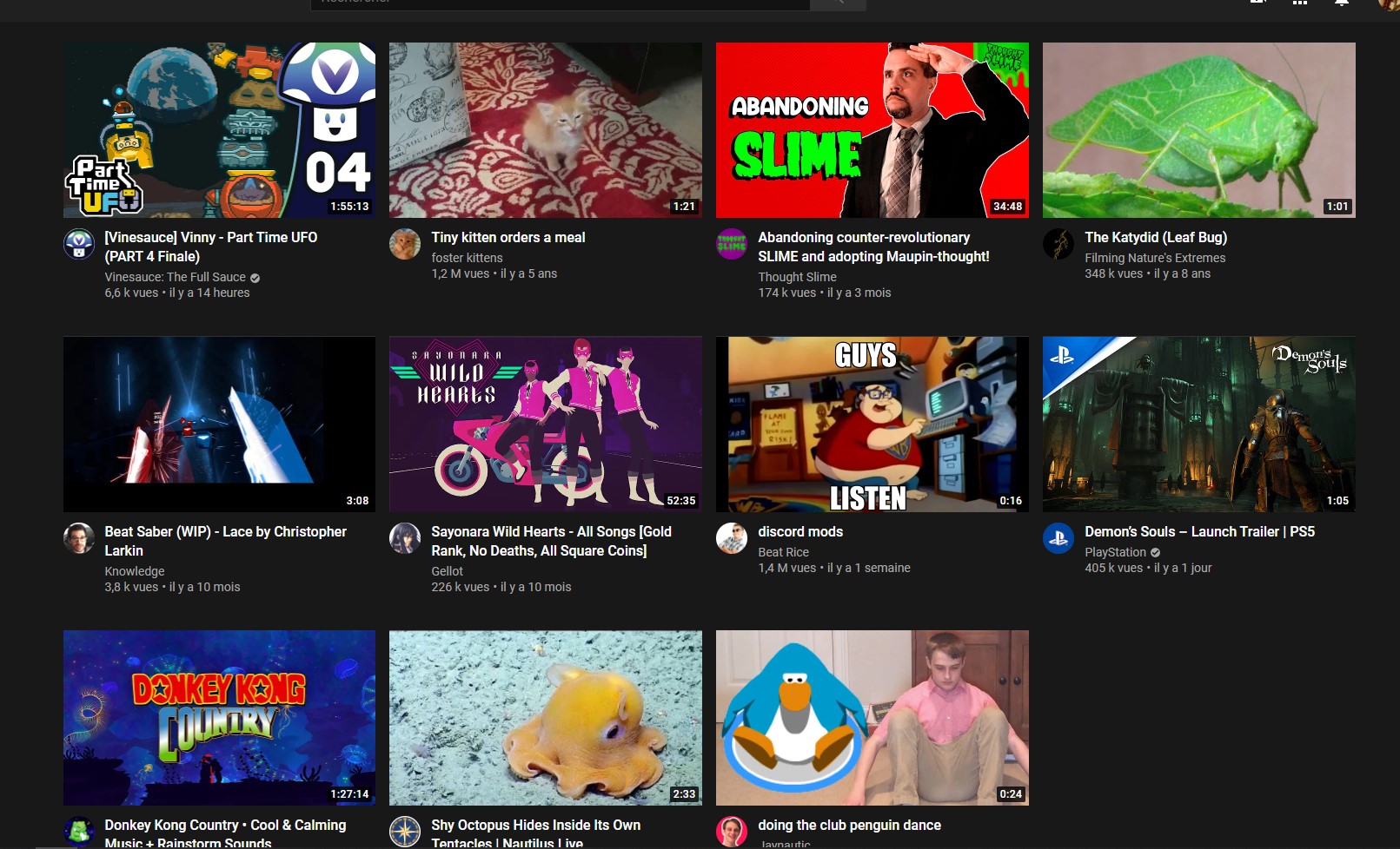 Allez sur la page d'accueil de Youtube et postez un screen des premières suggestions (hors catégories) qui apparaissent.
