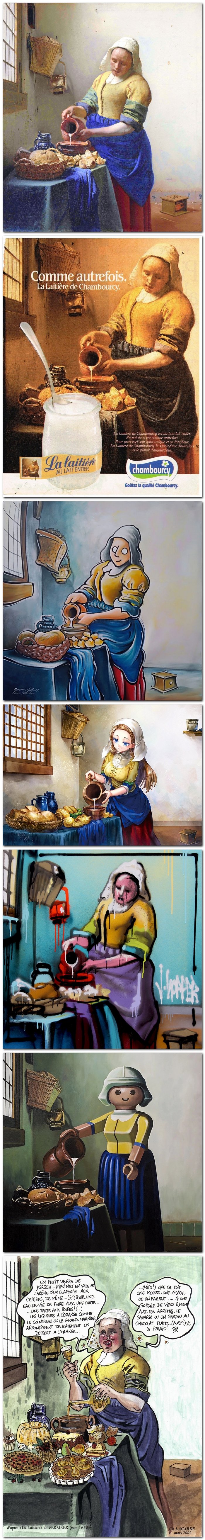 La laitière de Johannes Vermeer (vers 1658) et quelques-unes de ses parodies