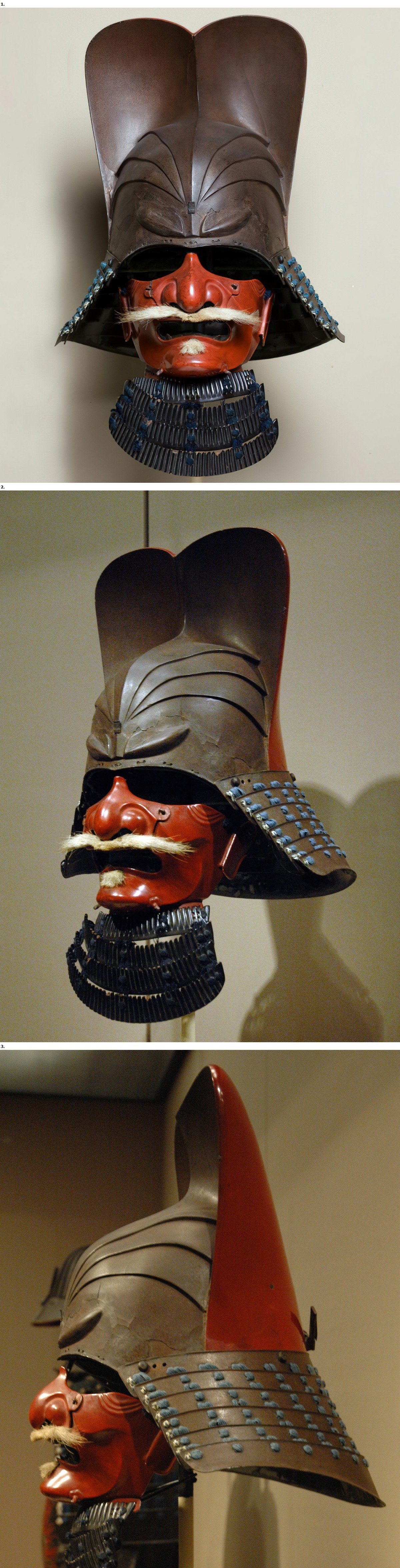 Casque de samouraï avec demi-masque, env. 1615–1650. Japon. Période Edo (1615–1868). Fer, cuir, papier laminé, laque et textile. Musée d'art asiatique de San Francisco