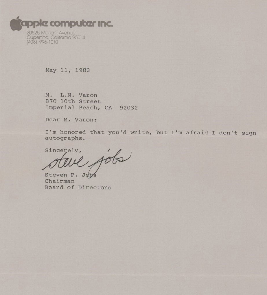1983, Steve Jobs répond à M. Varon qui lui demande un autographe...