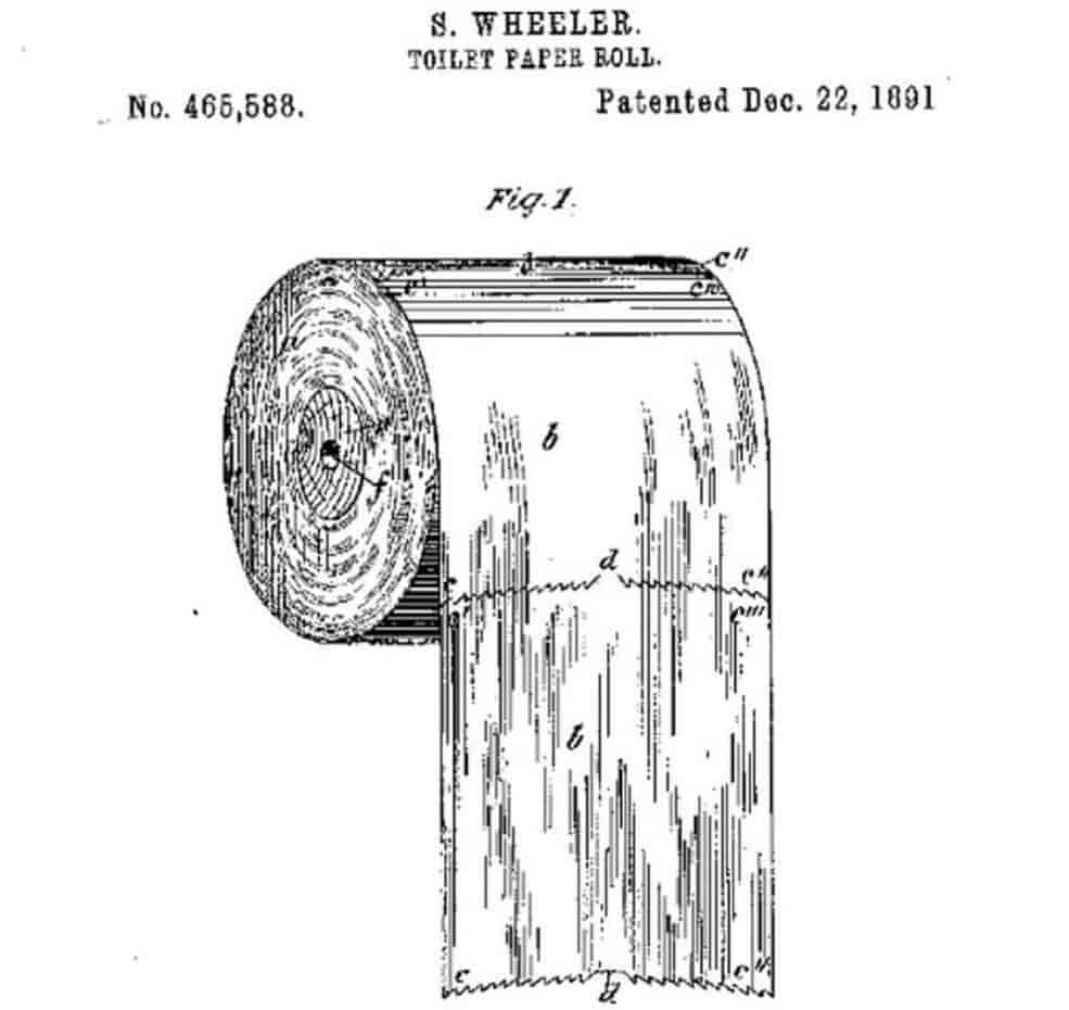 Image d'archives du premier prototype de rouleau de papier hygiénique datant de 1891. Indiquant par la même occasion le bon sens d'installation.
