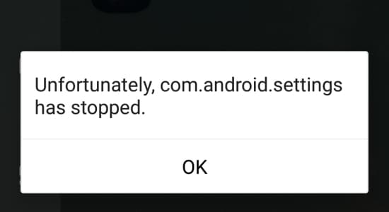 Unfortunately, com.android.settings has stopped.