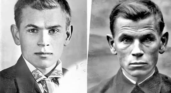 Deux portraits du soldat Evgeny Stepanovitch Kobytev avant et après quatre années de guerre (1941-1945)