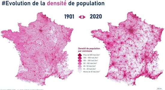 Évolution de la densité de population en France.