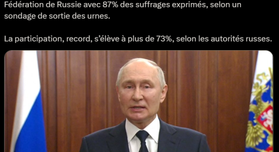 Vladimir Poutine élu président de la Fédération de Russie pour la 5eme fois avec 87% des voix.