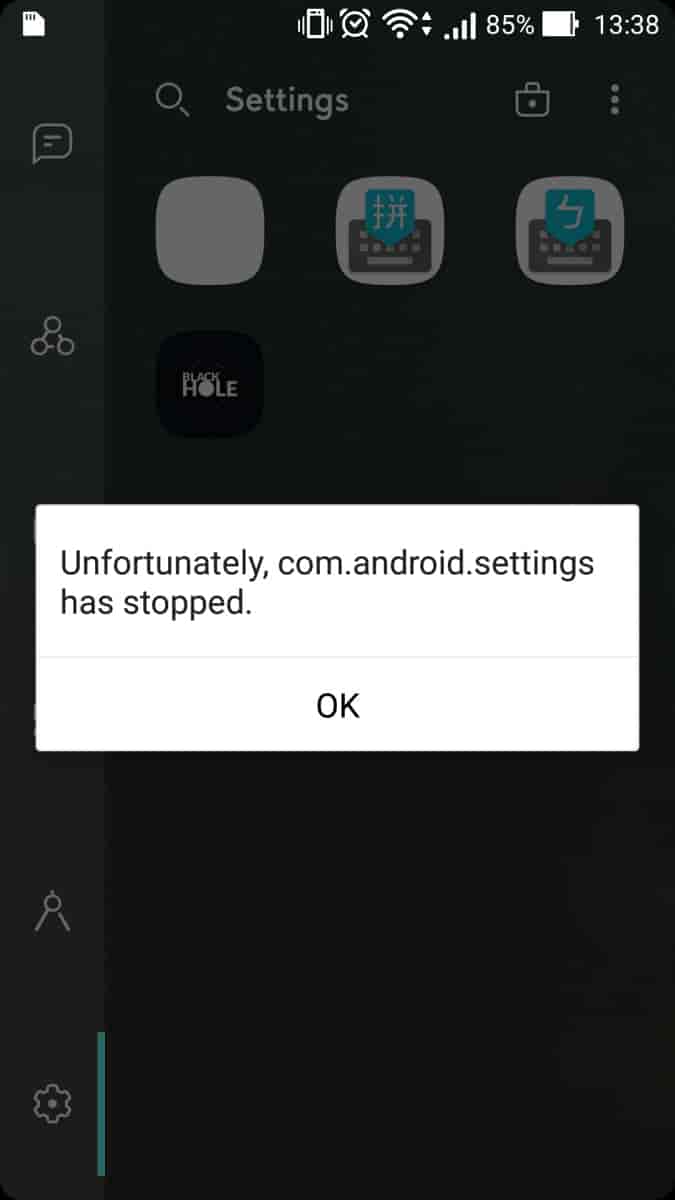 Unfortunately, com.android.settings has stopped.