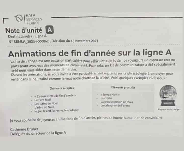 Document distribué aux agents de la RATP du RER A pour les fêtes. La direction proscrit notamment l’utilisation du terme « Joyeux Noel »