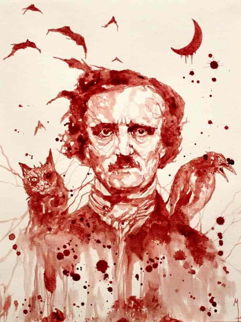 Edgar Allan Poe peint avec le sang de l'artiste Maxime Taccardi