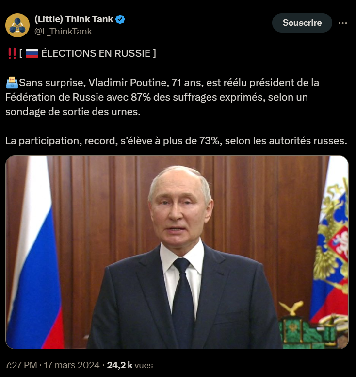 Vladimir Poutine élu président de la Fédération de Russie pour la 5eme fois avec 87% des voix.