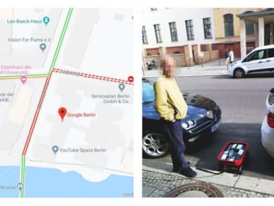 &quot;99 smartphones ont été transportés dans un chariot pour générer un bouchon virtuel sur Google Maps. De cette manière, il est possible de transformer une rue verte à rouge et impacter le monde physique en invitant les conducteurs à prendre un autre itinéraire ! #googlemapshacks&quot;