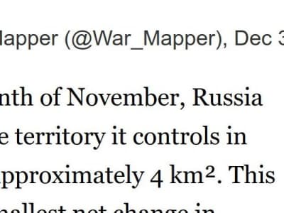 En novembre 2023 la Russie a conquis seulement 4km² de l'Ukraine, c'est la plus petite progression depuis le début de la guerre en février 2022